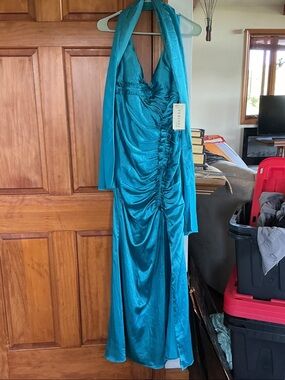 Teal Halter Ruched Satin Maxi Dress